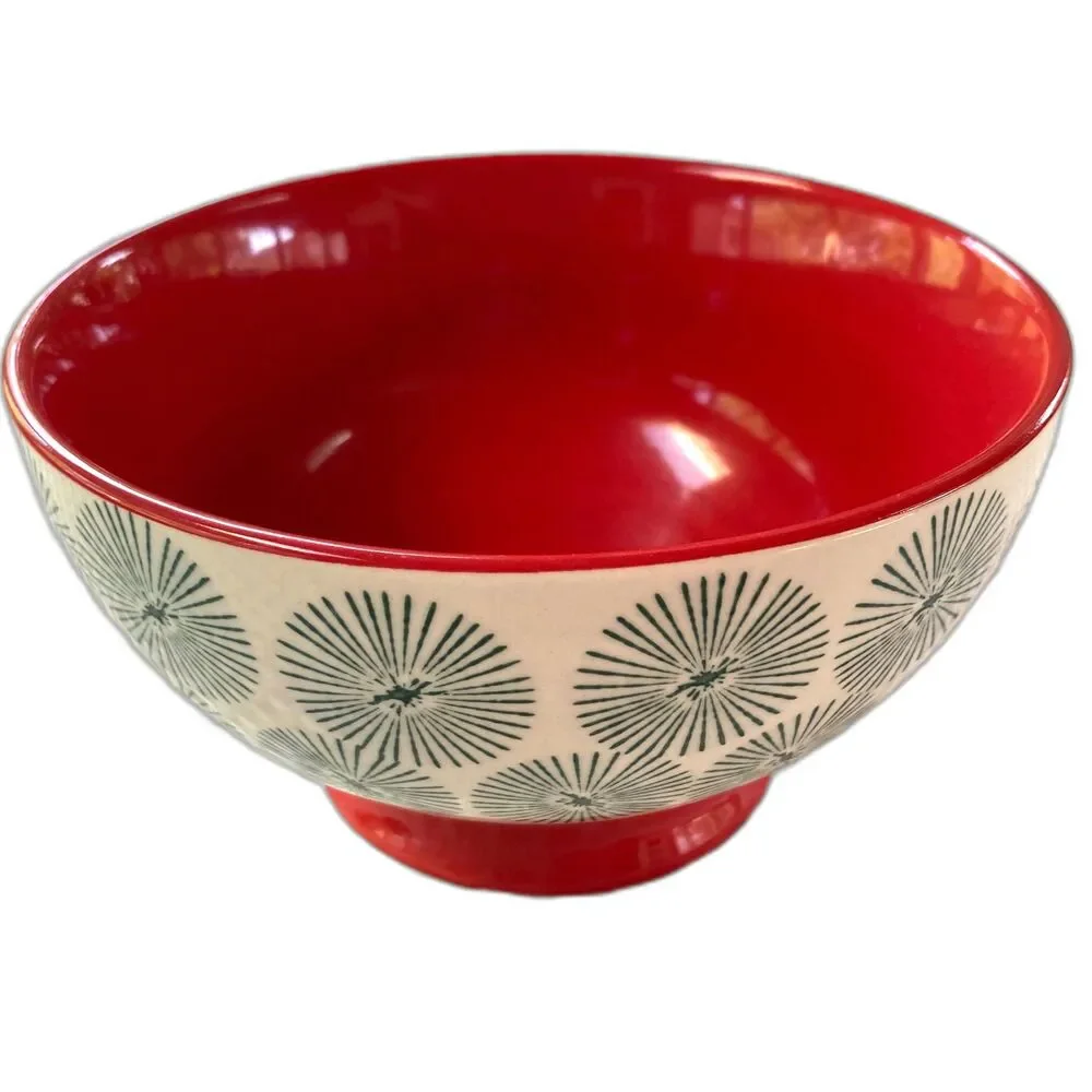 PIONEER WOMAN Bowl Cream with Green Starburst Red Interior 6 inches Set of 2